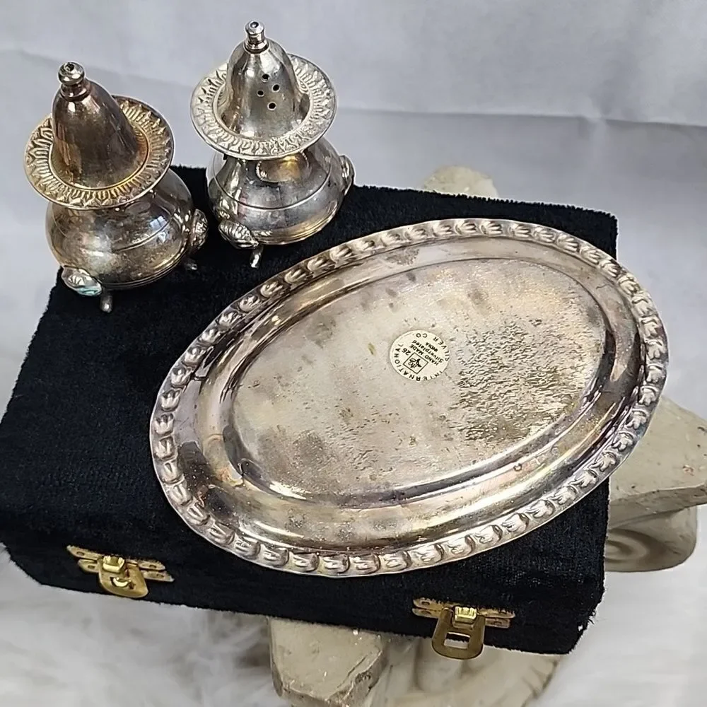 Vintage Silverplate Salt & Pepper with Tray and Crushed Velvet Case